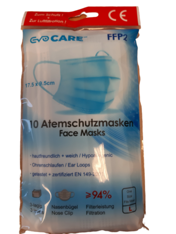 Ademhalings Masker / Mondkapjes Evo Care FFP2 (mondkapjes) 10 stuks