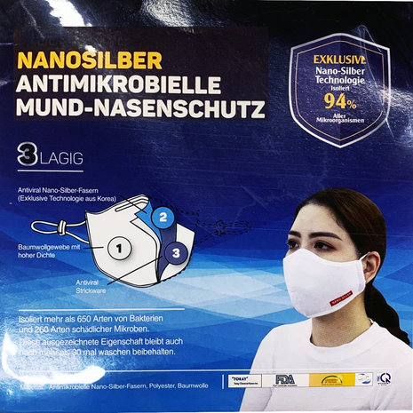 Ademhalings Masker / Mondkapjes Kartoen FFP2 Nano Zilver 2 stuks Wit Wasbaar 