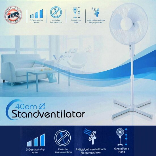 Ventilator Staand Statiefventilator Wit 3 Snelheden Verstelbaar