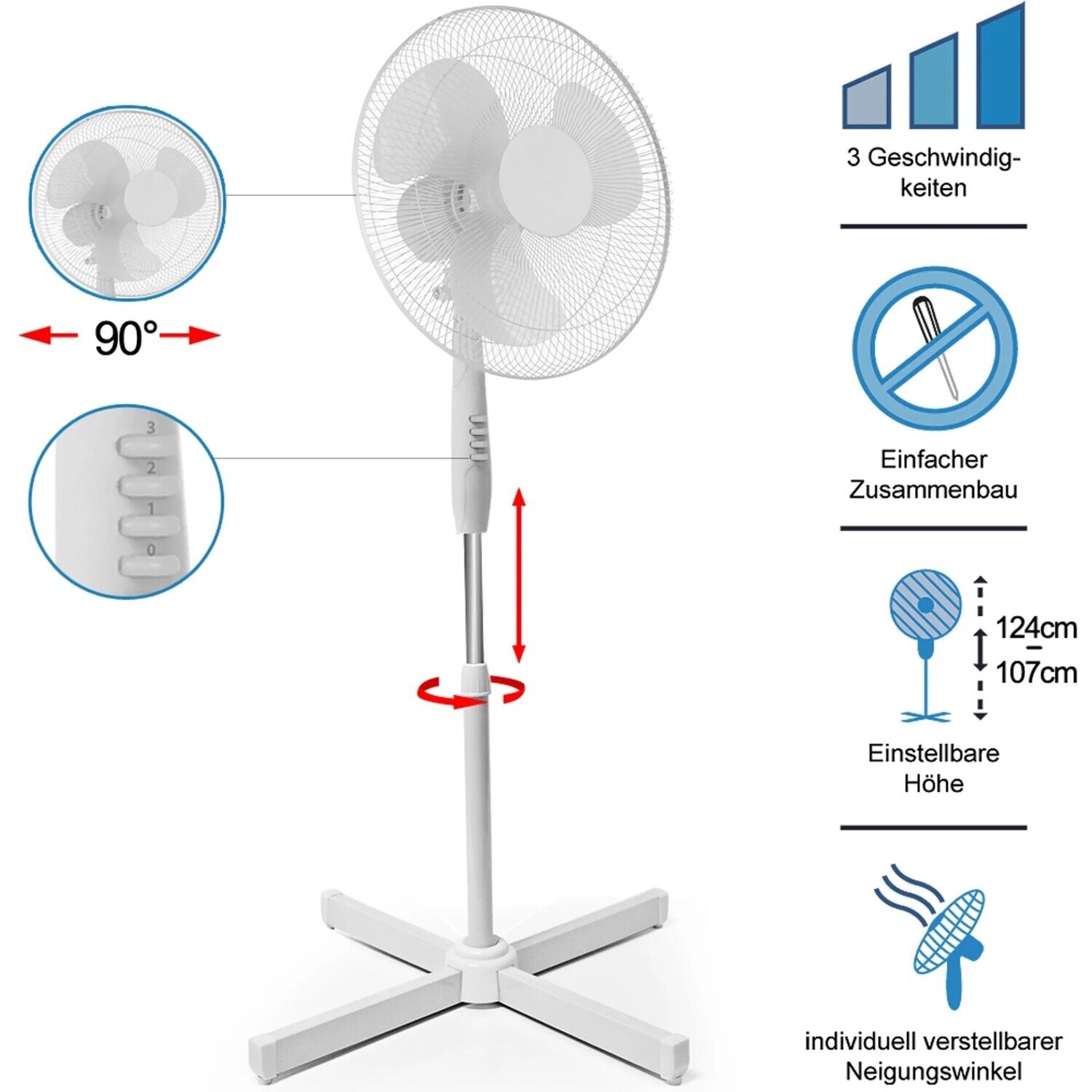 Ventilator Staand Statiefventilator Wit 3 Snelheden Verstelbaar